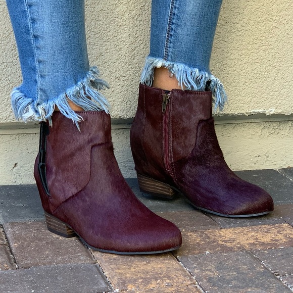 Burgundy Wine Genuine Pony Hair Wedge Ankle Boots - Picture 2 of 8